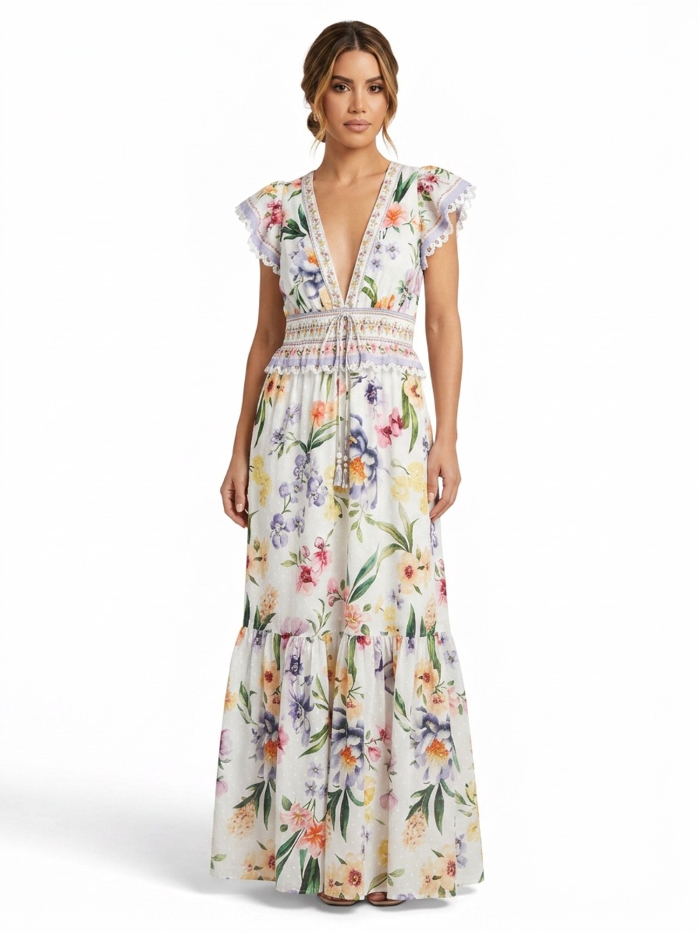 NWT Camila Coelho Summer Floral Maxi Cotton Dress Sz M Scallop Smocked Flutter